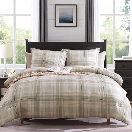 MaiRêve Plaid Full Comforter Sets, Khaki Green Grid Farmhouse Bedding Set Bed in A Bag, Classic Checkered Comforter Sets with Fitted & Flat Sheet, Pillowcases & Shams 80"x90"