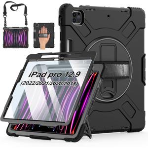 Case for iPad Pro 12.9 2022/2021/ 2020/2018: Cover for iPad Pro 12.9 6th/ 5th/ 4th/ 3rd Generation with Screen Protector- Stand- Pencil Holder- Handle- Shoulder Strap Black
