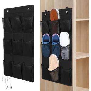 2 Pack 18 Pocket Wall Hanging Shoe Rack for Closet RV Shoe Storage with 8 Hooks over the Door Shoes Holder Organizer for Bathroom, RV, Pantry, Camping(Black)