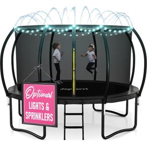 Trampoline Outdoor - ASTM Certified Safe, 8Ft, 10Ft, 12Ft, 14Ft, 15Ft, 16Ft Recreational Trampoline for Kids and Adults. Anti-Rust Coating with Enclosure Net, Ladder, Sprinkler & LED Lights (Black)