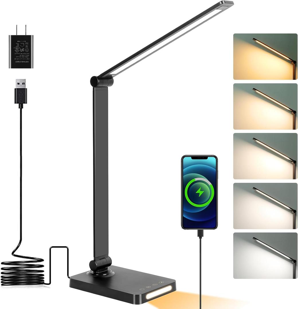 LED Desk Lamp with USB Ports,Touch Desk Lamps for Home Office with 5 Color Modes,3 Brightness Desk Light with Small Night Light,Reading Lamp Table Lamp for Bedroom Bedside Study Black with adapter