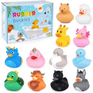 12PCS Rubber Ducks - Assorted Rubber Ducks with Black Cat,Highland Cow,Sheep Bath Toys,Toddler No Hole Ducks for Jeeps,Baby Bath Toys, Animal Bath Duckies for Baby Shower Pool Party Favors