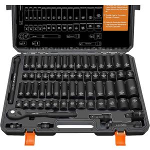 Impact Socket Wrench Set 1/2" Drive - Trivd Frol 65pcs Impact Socket Set Metric and Standard Full, Metric Socket Set 8-24mm & SAE Socket Set 3/8"-1-1/4", Shallow & Deep Socket Set, Extensions, Adapter