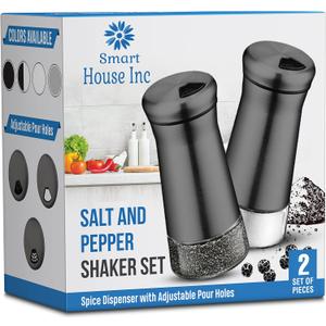 The Original Salt and Pepper Shakers set - Black -Spice Dispenser with Adjustable Pour Holes - Stainless Steel & Glass - Set of 2 Bottles