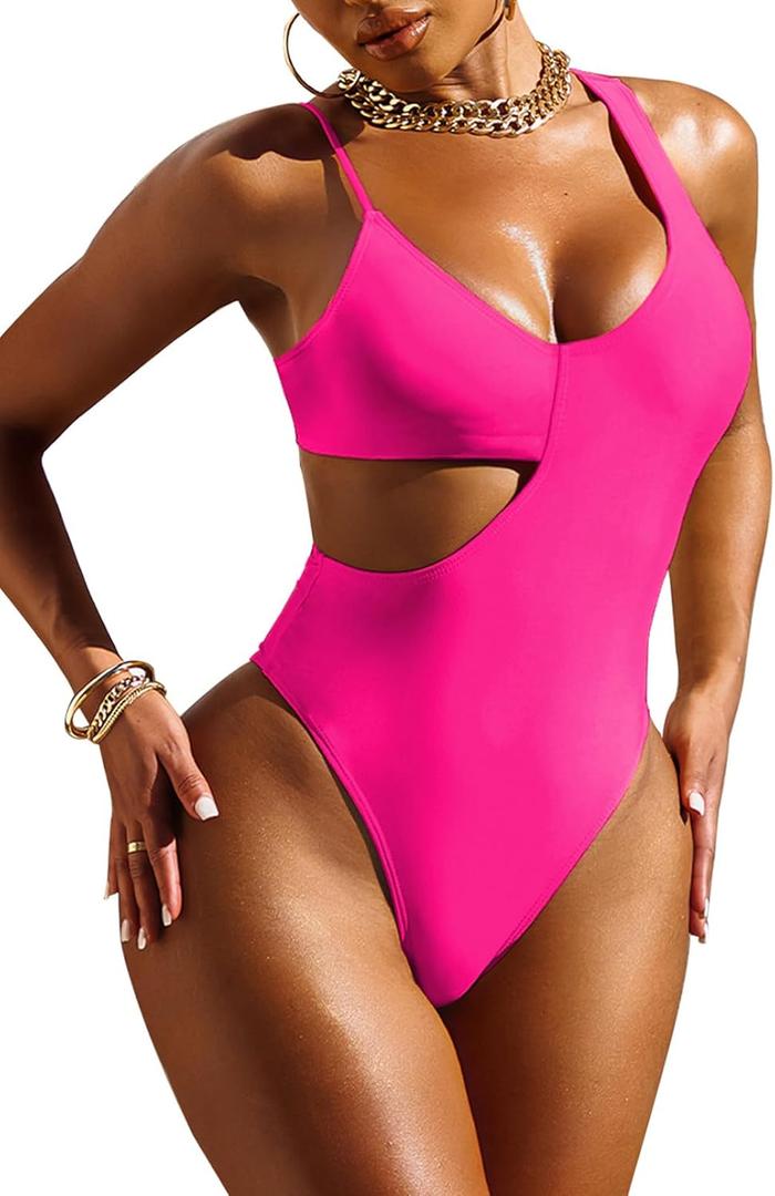 Pink Queen Women's Sexy One Piece Swimsuit Scoop Neck Cutout Waist Tummy Control Bathing Suit Swimwear, 