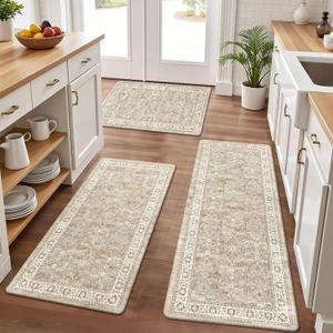 Pauwer Anti Fatigue Kitchen Mat Set of 3 Non Slip Kitchen Mats for Floor Cushioned Kitchen Rugs Comfort Standing Mat Farmhouse Waterproof PVC Foam Kitchen Floor Mat Runner, Beige (17.3''x28''+17.3''x36''+17.3''x48'')