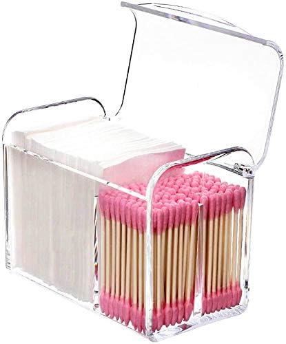 Square Acrylic Cotton Ball Pads Gauze Swab Holder Organizer Q-tip Dispenser Storage Canister Bathroom Container Flossers Box Case (5.6x3.2x4.3 in, 1 Tier, 3 Partitions, Transparent) (D-Clear, shell lid box)