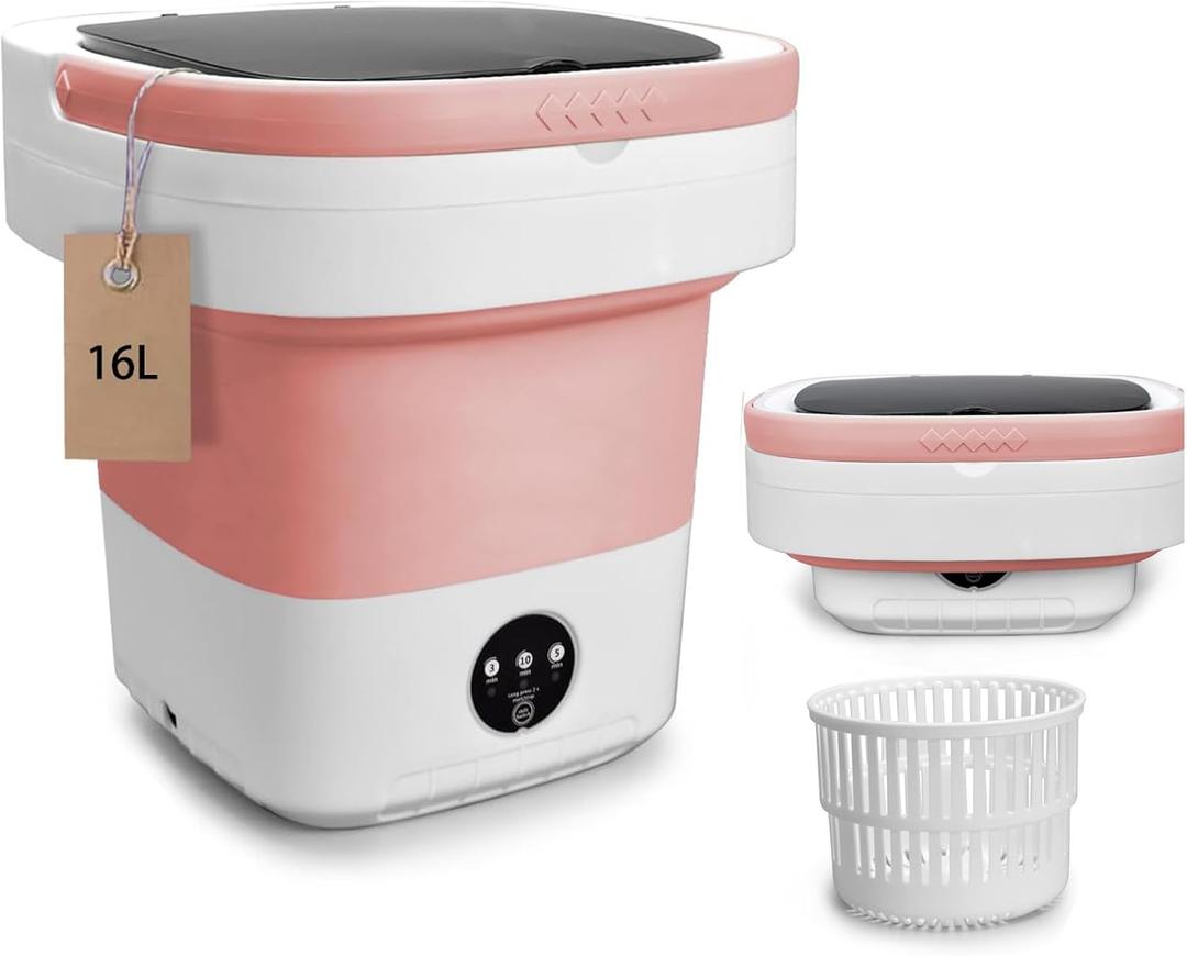 Portable Washing Machine, 16L Foldable Washer and Dryer with 3 Modes Deep Cleaning, Upgraded Small Collapsible Laundry for Travel, Apartment, Home, camping - Pink