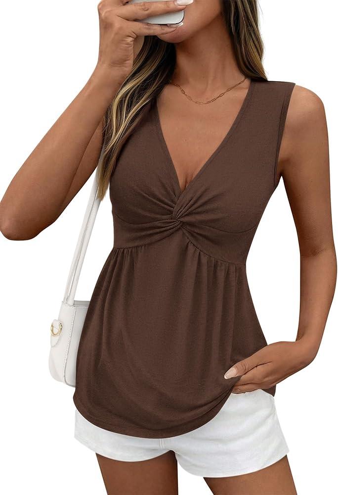 BTFBM Babydoll Tops for Women 2026 Trendy Spring Summer Outfits Twist Front V Neck Peplum Flowy Tank Tops Dressy Casual XL