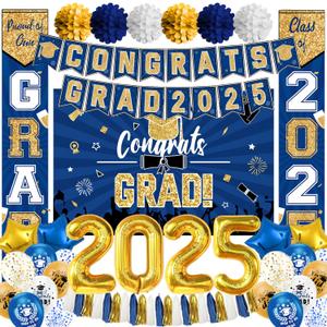 Lemoneon Class of 2025 Graduation Decorations Blue & Gold Party Supplies Favors with Banner Background 2025 Foil Balloons Tassels Pom Poms Star Balloons