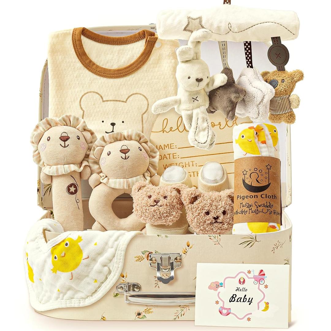 Golray 9pcs Newborn Baby Gift Baskets for Boys Girls Baby Shower, 2 Rattle/Seat Hang Toy/Blanket/Bodysuit/Bib/ 3D Socks/Wood Milestone/Carry Box, Neutral New Born Essential Stuff Unisex Baby Gifts Boy