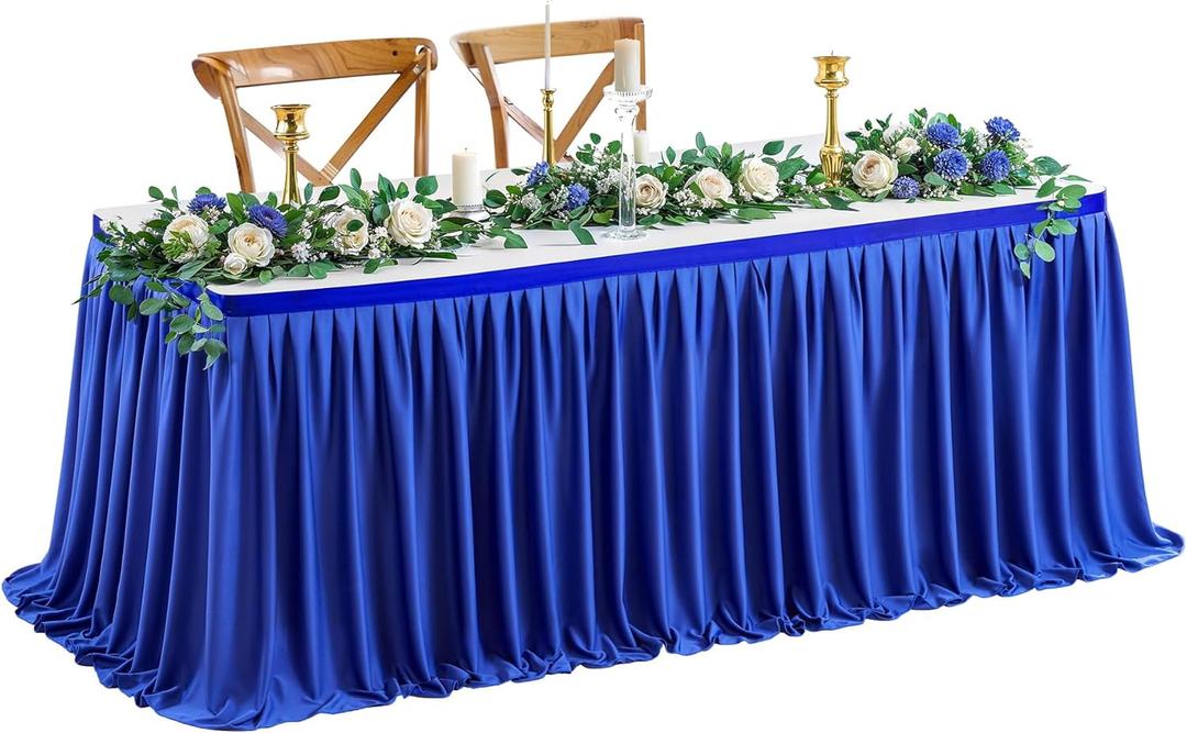 Wish Care 9ft Long Royal Blue Table Skirt for Rectangle Tables Decorations - Wrinkle Resistant Polyester Pleated Table Skirting Desk Skirts for Office Baby Shower Birthday Party Wedding Banquet