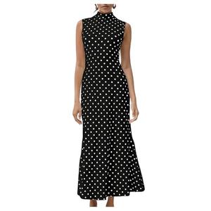 Milumia Women's Polka Dots Maxi Tank Dress Vintage Mock Neck Sleeveless Elegant Long Dresses Black Medium