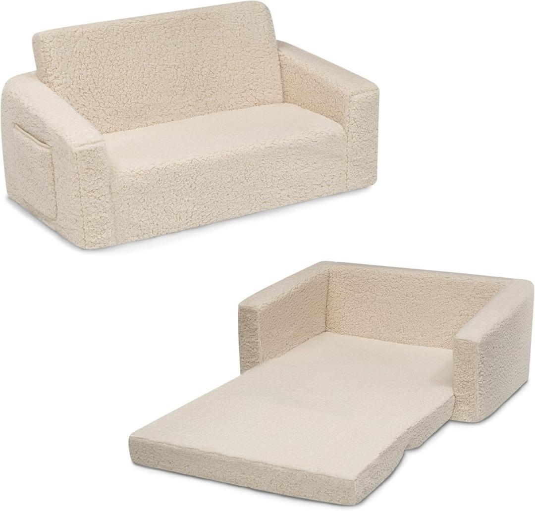 Delta Children Cozee Flip-Out Sherpa 2-in-1 Convertible Sofa to Lounger for Kids, Cream, 30x16.5x15 Inch