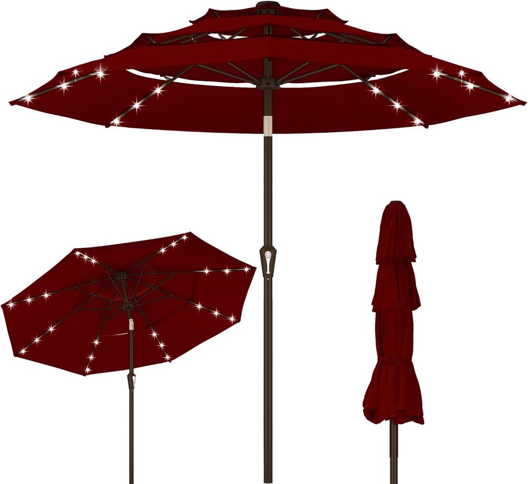 Kingdura 10ft 3-Tier Patio Umbrella with Solar Lights, Table Umbrella Outdoor Patio with Easy Crank & Tilt, 8 Sturdy Ribs, UV Protection, 32 LED Lights for Deck, Poolside, Market (Dark red)