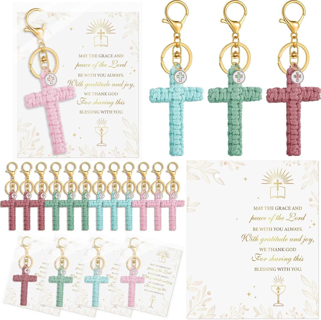 Kenning 36 Pcs First 1st Communion Favor Cross Keychains Bulk Mother's Day Church Gift Christian Baptism Favors Handmade with Thank You Cards Bags, Llavero De Cruz Car Keychain Women Bulk for Guest