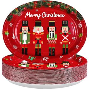 50Pcs Christmas Nutcrackers Oval Paper Plates 10" x 12" Large Heavy Duty Disposable Red Christmas Nutcracker Dessert Plates Xmas Holiday Dinner Plate for Winter Birthday Baby Shower Party Supplies