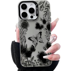 Lovmooful Compatible for iPhone 15 Pro Max Case Cute Cool Flower Floral Butterfly Black Design for Girls Women PC+TPU Shockproof Protective Girly for iPhone 15 Pro Max-Flower&Butterfly