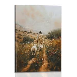 Framed Jesus Leaving 99 Sheep Canvas Print Wall Art Christian Home Wall Decor Inspirational Religious Jesus and the Lost Lamb Spiritual Painting Poster for living room office 16x24in Ready to Hang