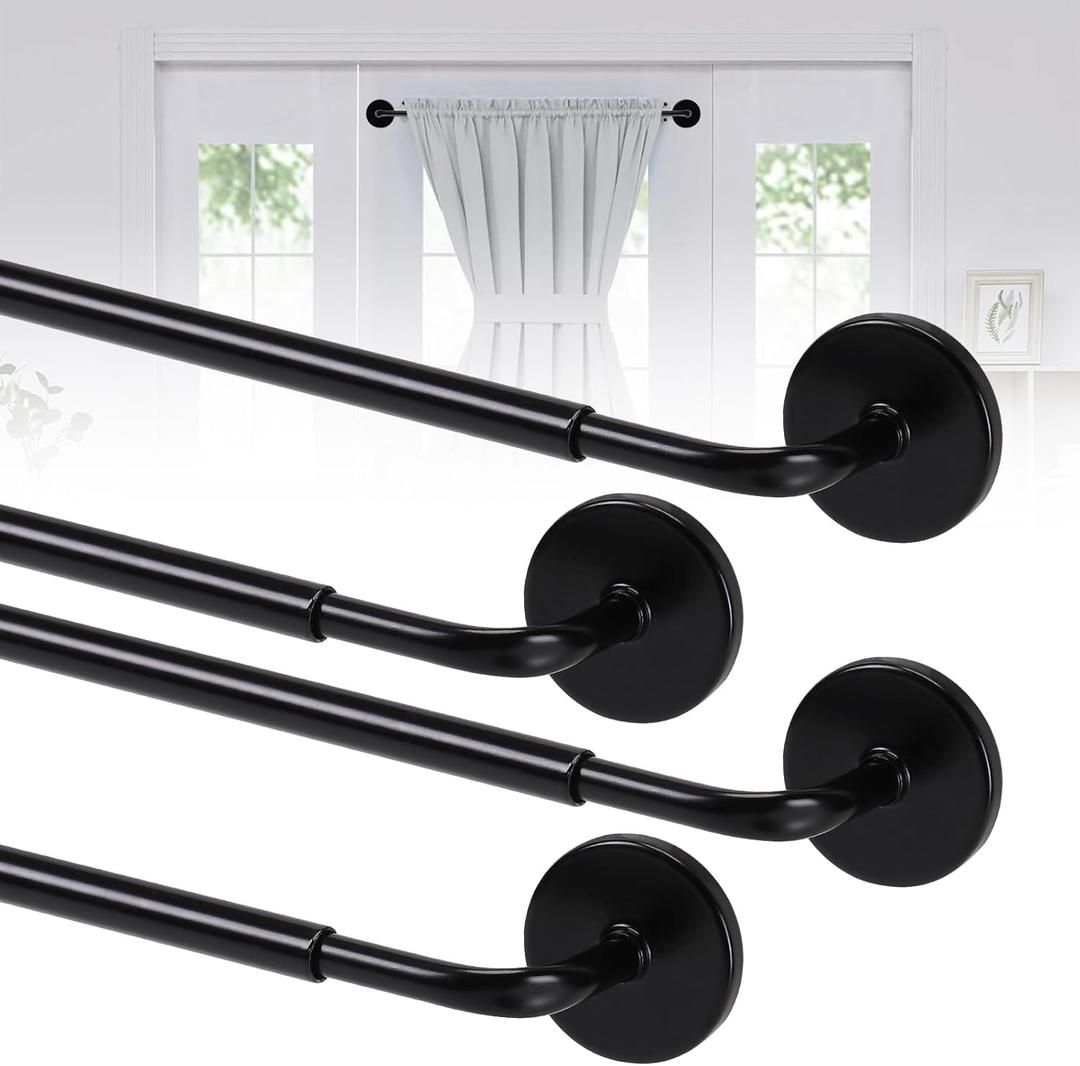 4 Pack Magnetic Curtain Rod for Metal Doors, French Door Curtain Rods Adjustable from 17 to 30 Inch, 3/8 Inch Diameter, Magnetic Cafe Curtains Rod, No Tool and Easy Installation, Black