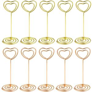 10 Pcs Heart Shaped Table Number Stand and Place Card Holder - Mini Wire Picture Photo Clips for Centerpieces, Wedding Party, Memo, Menu Stands (Gold + Rose Gold)