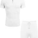 URRU Men's Polo Shirt and Shorts Set Summer Outfits Casual Short Sleeve Polo Suit for Men 2 Piece Shorts Tracksuit Set (White, M)