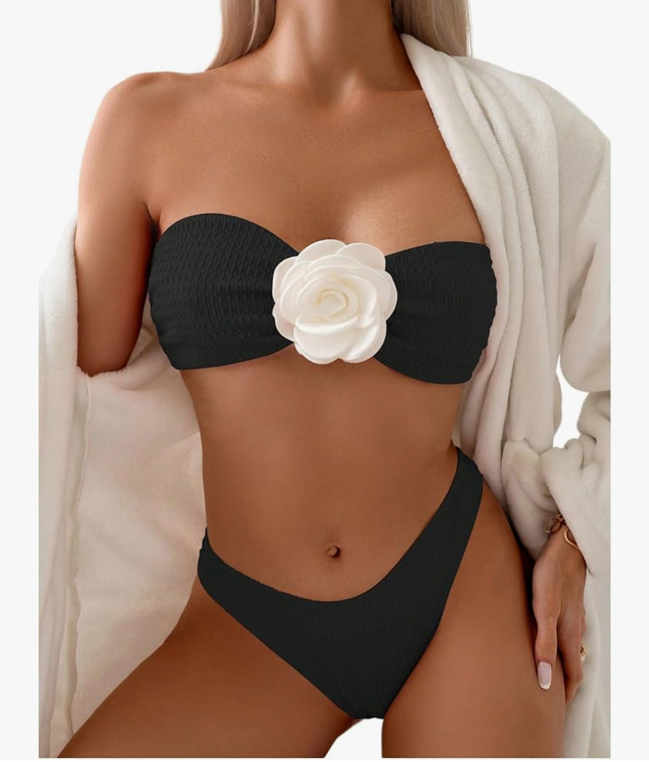 MakeMeChic Women's Two Piece Bikini Set 3D Flower Textured Strapless Bandeau Tie Back Bathing Suit M Black