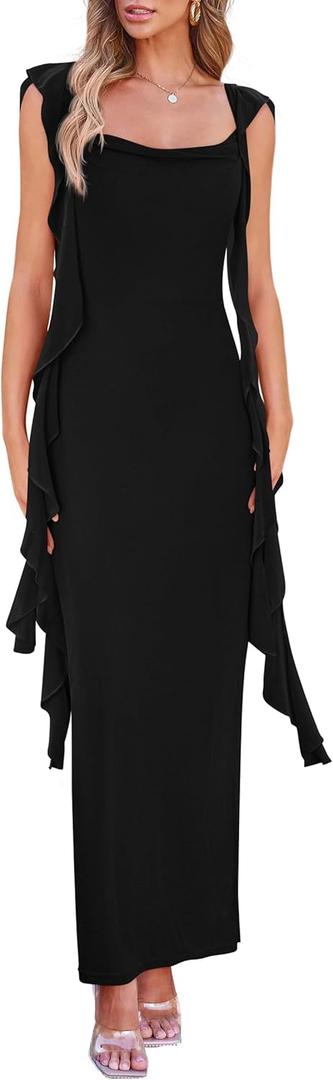 PRETTYGARDEN Women's 2025 Summer Wedding Guest Dress Sleeveless Ruffle Formal Cocktail Party Maxi Bodycon Dresses (Large, Black)