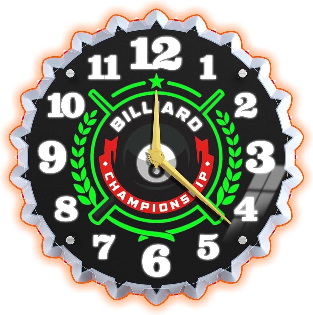 Neon Wall Clock, 12Inch with Billiard 8 Pool Ball Graphics, Stunning 3D Glow Effect, Silent Non-Ticking, for Billiards Room, Pool Room, Game Room, Bar, Living Room,Office Decor