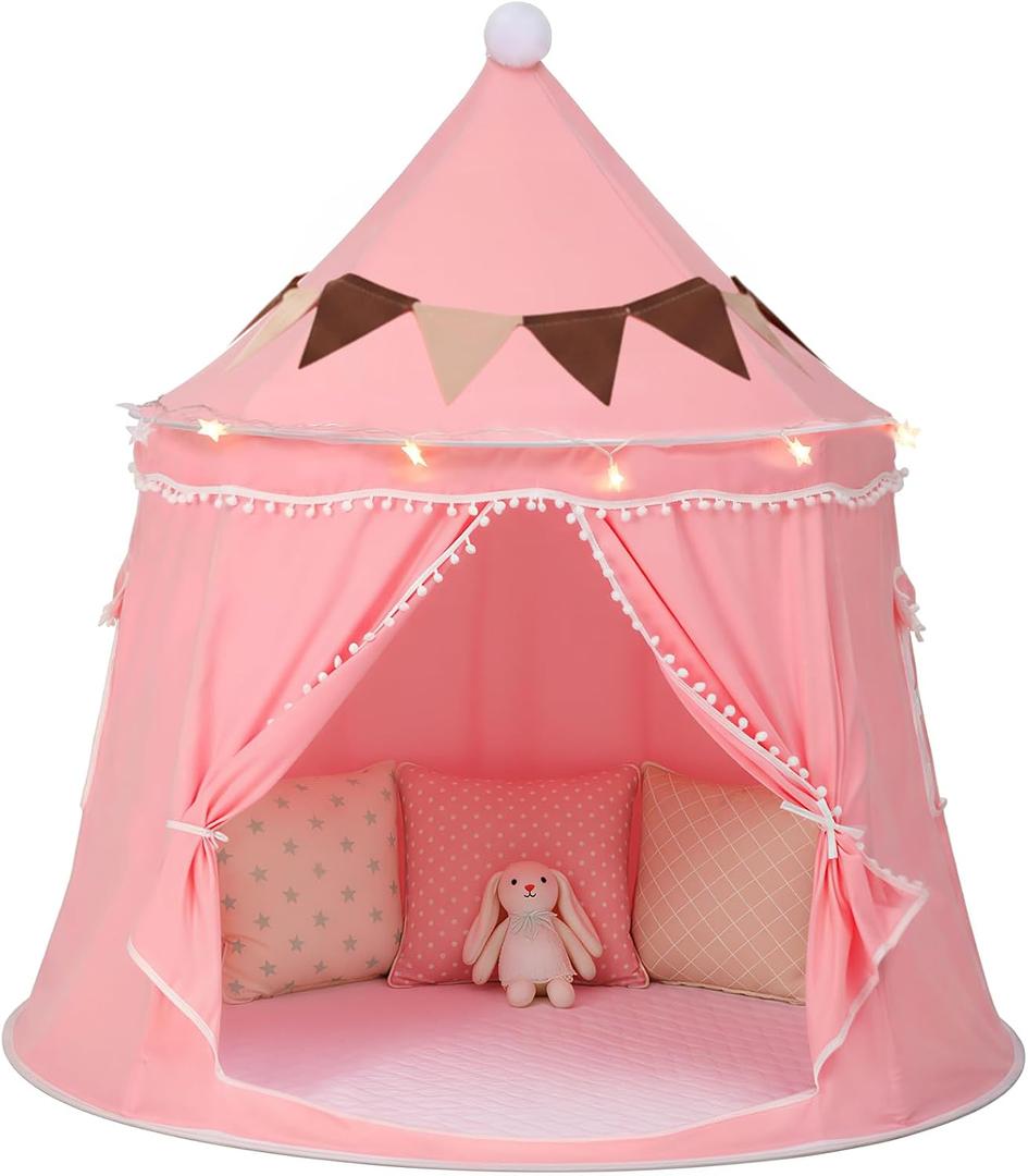 Play Tent with Padded Mat, Star Lights and Flags, Large Princess Tent Kids Play Tent, Indoor Outdoor Game Playhouse, Portable Children Yurt Tents, Birthday Gift for Girls, 47''x45'', Pink
