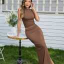 ELLEVEN 2 Piece Maxi Skirt Sets for Women, Sexy Mock Neck Ruched Top and Slit Skirt Dress Set, Summer Going Out Outfits (Brown)