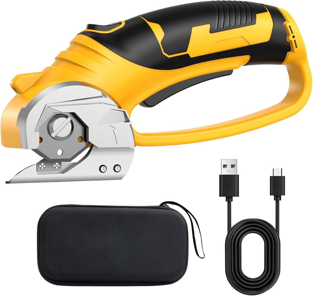 Cordless Electric Fabric Scissors, Cardboard Box Heavy Duty Scissor, Rechargeable Power Rotary Cutter, Leather Sewing Shears, Plastic Packages Carpet Cutter with Storage Bag, 4V, 2000mAh, Type-c (Yellow)