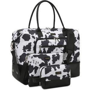 Weekender Bags for Women, Travel Duffle Bag Carry On Overnight Bag with Cosmetics Bag and Crossbody Purse for Gym Hospital, Gifts for Women, Cow Print Black (Medium)