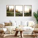 FWIEXA Green Forest Mountain Framed Canvas Wall Art Set, Wildflower Meadow Wall Decor, Floral Pictures Artwork, Nature Sunset Landscape Art Prints for Living Room, Bedroom, Office - Size 24"x36"x3