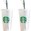 Starbucks 2 Pack Bundle - Reusable Frosted 24 oz Cold Cups with Lid and Green Straw w/Stopper