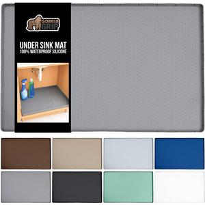 GORILLA GRIP Waterproof Silicone Under Sink Mat with Raised Lip for Kitchen and Bathroom, 28 x 22 in, Cabinet Shelf Liner Stay in Place Mats Dishwasher Safe Drawer Liner, Organizer Tray, Gray