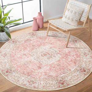 Pink Round Rug 4ft, Circle Washable Area Rugs for Bedroom Bathroom Entryway, Boho Vintage Bohemian Distressed Oriental Floral Carpet Non Slip,Blush 4'x4'
