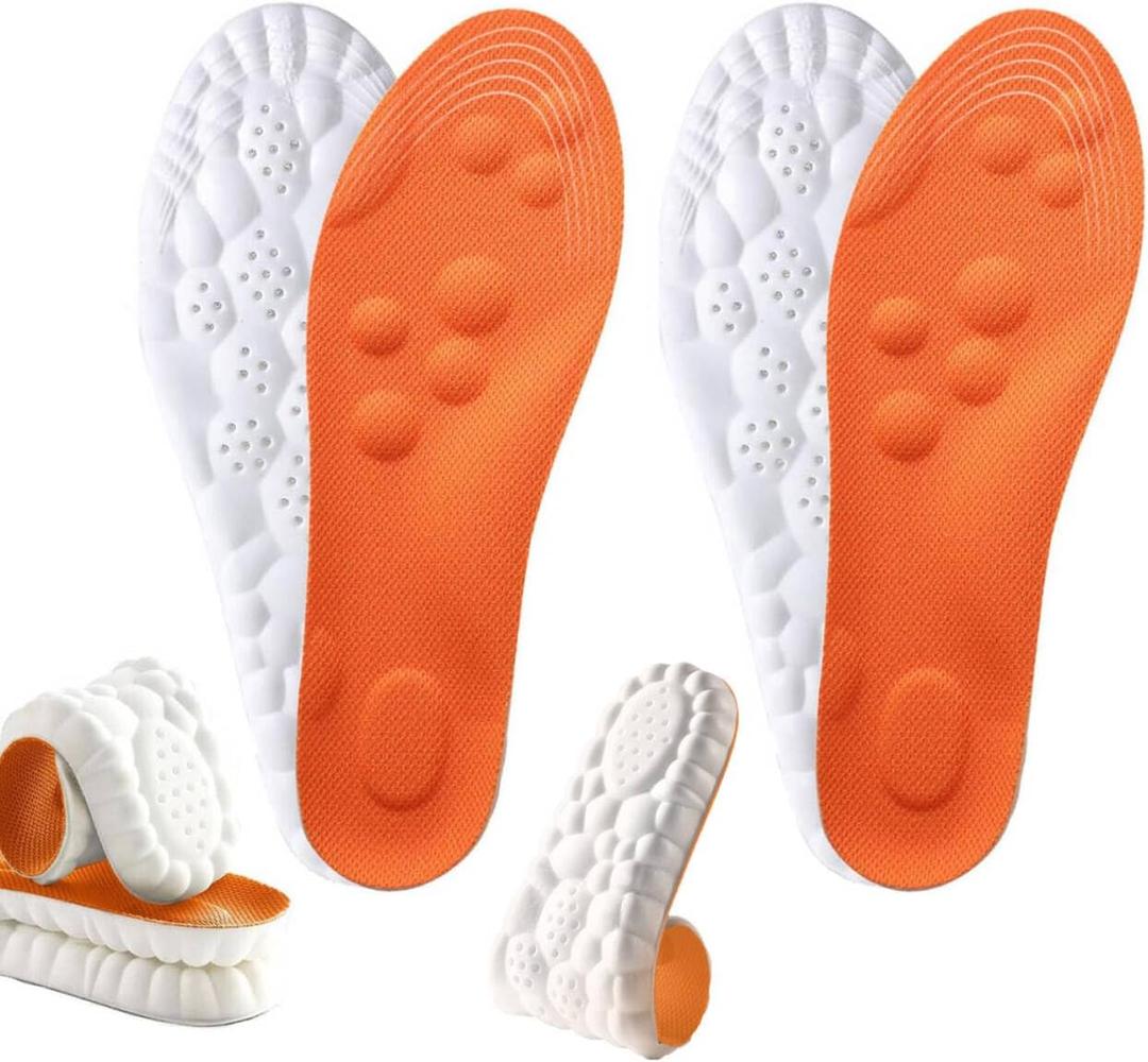 4D Cloud Insoles for Men Women, Breathable Memory Foam Cloud Massage Insoles,Arch Support & Cushioned Comfort,Relief Foot Pain,Trim to Fit All Shoe Types(2 Pairs-Orange, Men 10-11/Women 12-13)