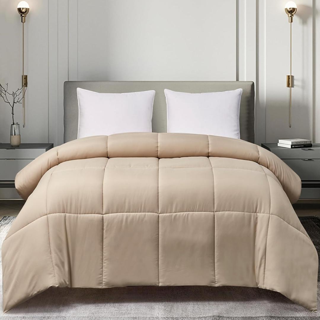 Blue Ridge Home Fashions Comforter Breathable Microfiber Duvet Insert, Summer Cooling Winter Warm Reversible Down Alternative Quilt Comforter for All Season, Full-Queen, Khaki