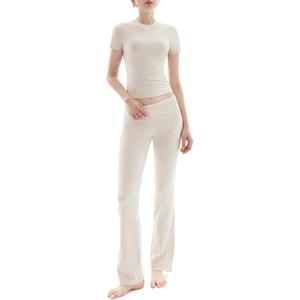 PUMIEY Women's 2 Piece Lounge Sets Short Sleeve Tops Fold-Over Flare Pants Casual Outfits Matching Set Nap Collection, Small 