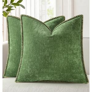 decorUhome Fall Chenille Soft Throw Pillow Covers 20x20 Set of 2, Farmhouse Velvet Neutral Decorative Euro Pillow Covers with Stitched Edge for Couch Sofa Bed Home Decor, Forest Elf