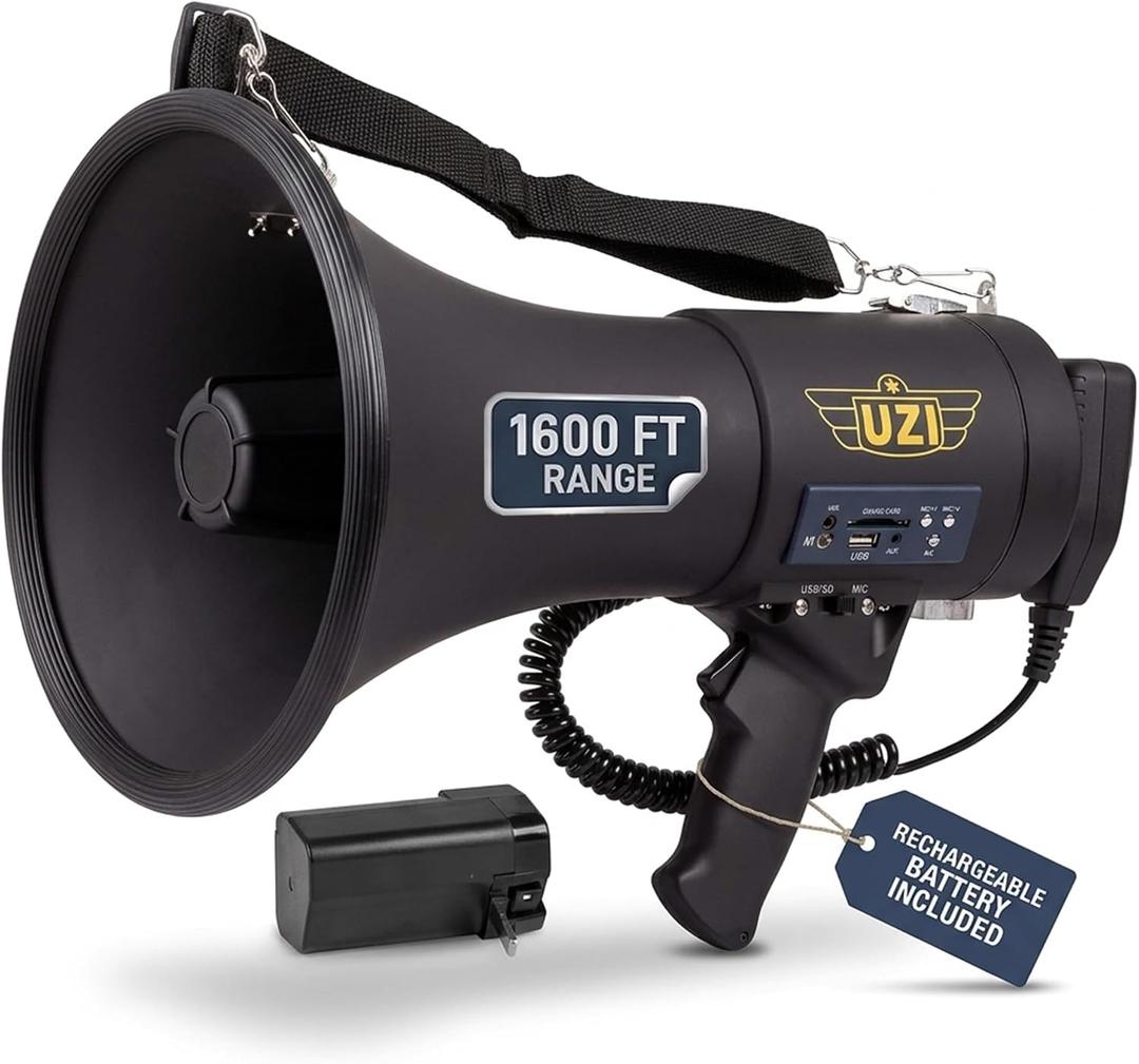 Uzi High Power Loud Big Bluetooth Megaphone 50W, Professional Bullhorn Megaphone Used by First Responders, Police & Agencies, Rechargeable Battery, PA System, Outdoor Activitie