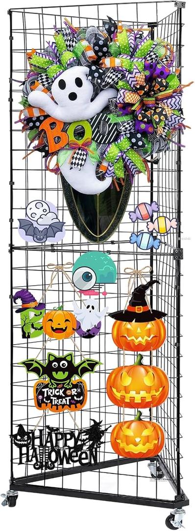 Triangular Gridwall Panel Display Stand, 3-Sided Grid Tower with Base and Casters, 2'x5.5' Floorstanding Wire Grid Rack, Black