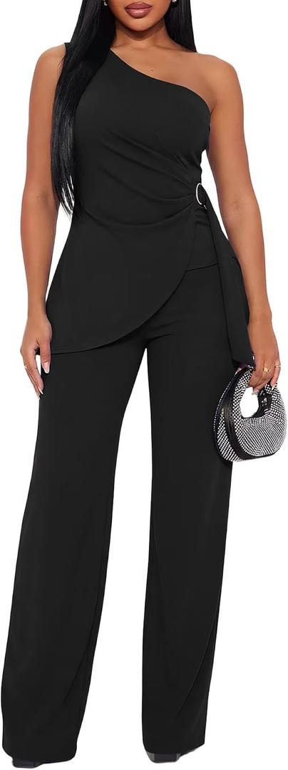 Ekaliy Women's 2 Piece Pants Suit Sexy One Shoulder Top Flare Pants Sets Elegant Jumpsuits Formal Going Out Suit (Black, XL)