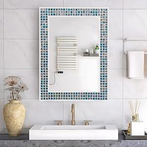 YOSHOOT Mosaic Bathroom Wall Mirror, Handmade Mirror for Wall with Mother of Pearl, Decorative Bathroom Vanity Rectangular Mirrors, Vertical or Horizontal Hanging, Seattle Deep Blue