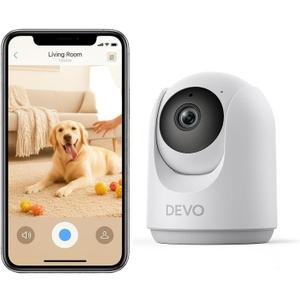 Devo Indoor Security Camera for Home, 2K 360 Pan-Tilt Pet Dog Baby Monitor Camera with Phone App, WiFi Smart Camera Motion Detection, Color Night Vision, 2-Way Audio, 256GB SD White
