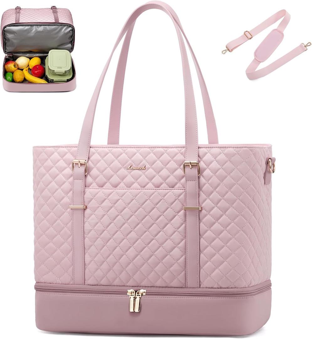 LOVEVOOK Lunch Tote Bag for Women, 15.6 Inch Laptop Work Bag With Lunch Compartment & Large Cup Holder, Lightweight Work Briefcase for Travel, Bussiness, Teacher (Light Pink-nude Pink)