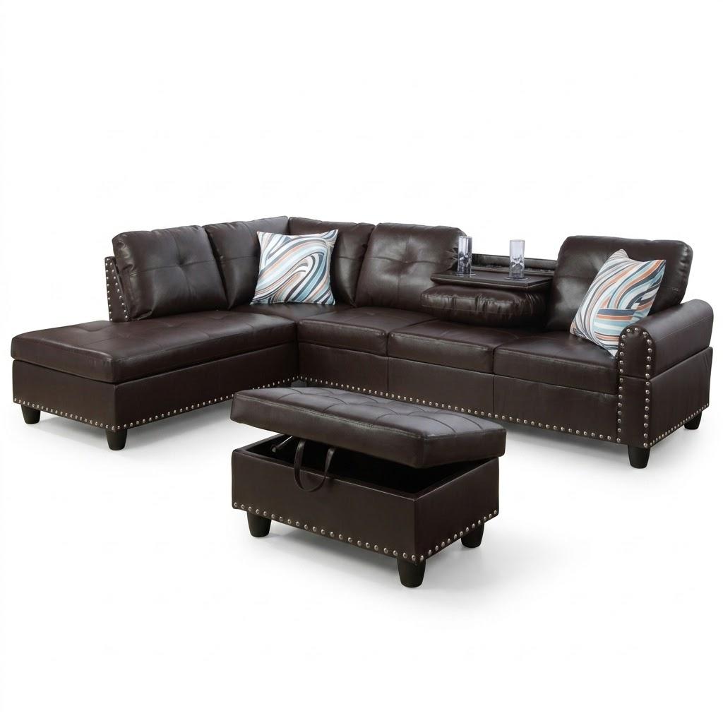 Leather Sectional Sofa, Living Room Furniture with L Shaped Couch, Cup Holders, Storage Ottoman in Brown (Left-hand Facing)