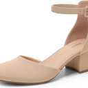 DREAM PAIRS Women's Closed Round Toe Low Block Heels Ankle Strap Chunky Heel Pumps Dress Wedding Office Party Shoes (9.5, Nude)