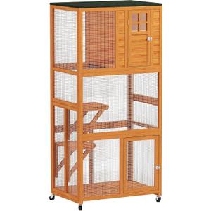 PawHut 74" Wooden Catio Outdoor Cat Enclosure Weatherproof & Wheeled, Outside Cat House with High Weight Capacity, Kitten Cage Condo, Orange